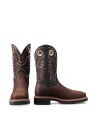 LongHaul Waterproof Square Composite Toe Work Boot in Tobacco / Black Cowhide. A pair of Tobacco / Black cowhide cowboy boots with decorative red and white stitching and pull holes, shown from the front and side.
