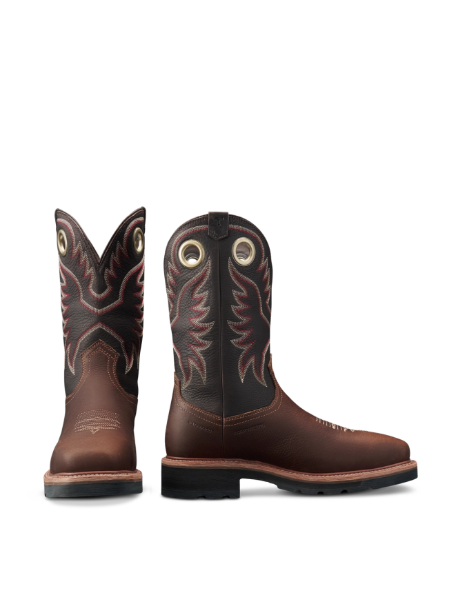 LongHaul Waterproof Square Composite Toe Work Boot in Tobacco / Black Cowhide. A pair of Tobacco / Black cowhide cowboy boots with decorative red and white stitching and pull holes, shown from the front and side.