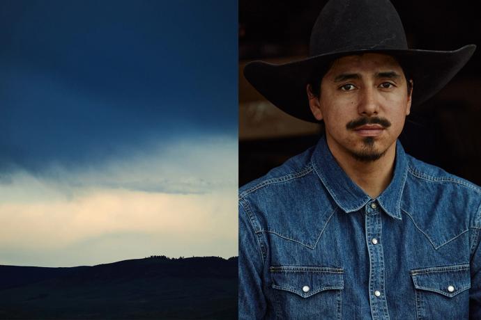 split screen blue sky and man in cowboy hat