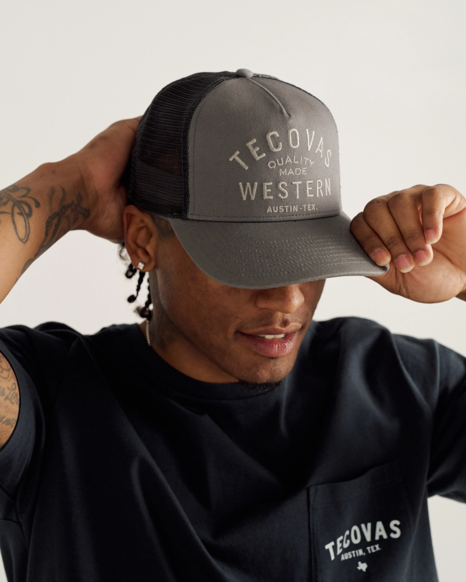 Lifestyle view of Quality Made Western Five-Panel Trucker Hat - Gray