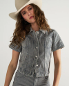 Front view of Women's S/S Denim Top - Blue / White on model