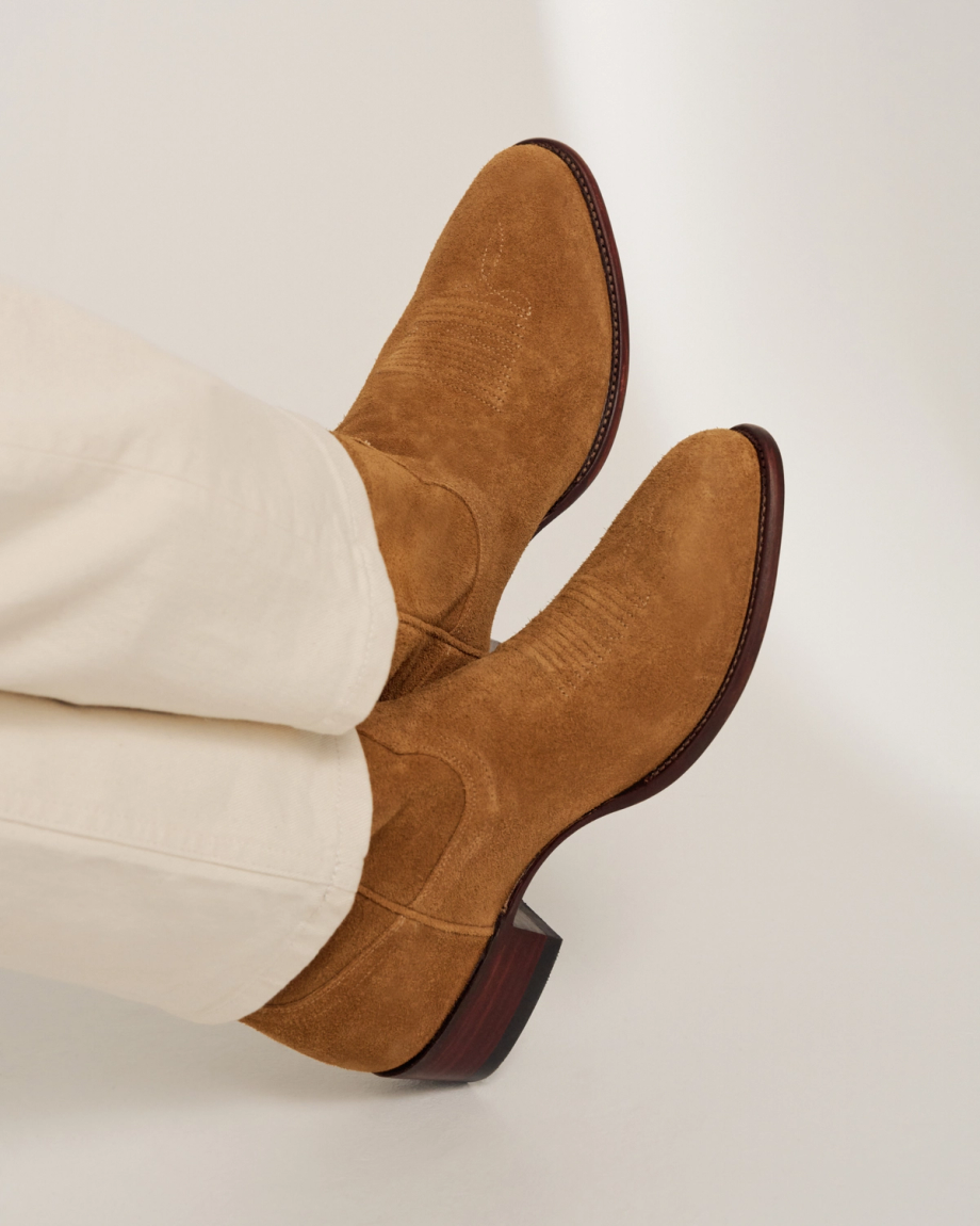 close up picture of Johnny Honey Tan cowboy boots on a man's feet
