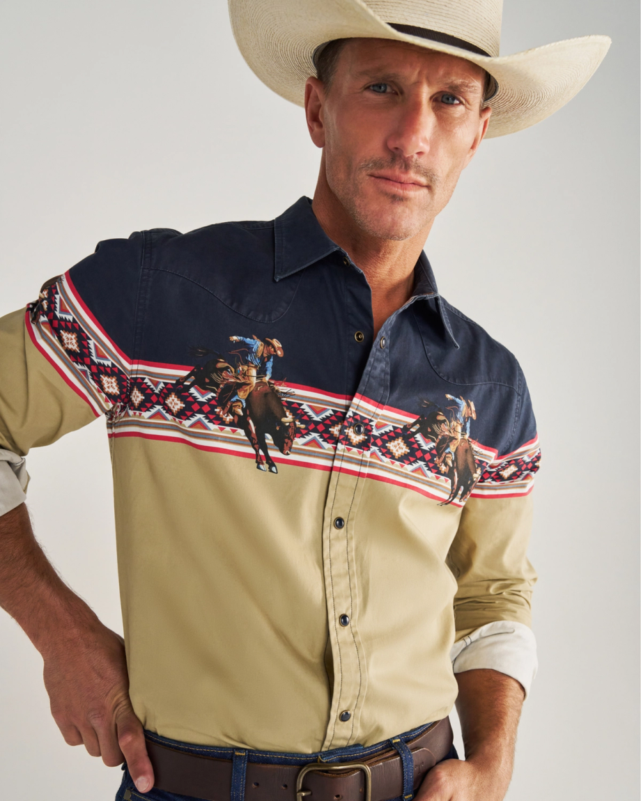 Closeup detail view of Men's Thorn Stopper Pearl Snap LS - Navy / Khaki