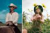split image of Kristopher Brock on the left and woman in Tecovas & Kristopher Brock dress holding sunflowers