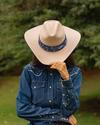 Person wearing a wide-brimmed hat with a blue pattern band and a denim shirt, covering their face with the hat brim, standing outdoors with greenery in the background.