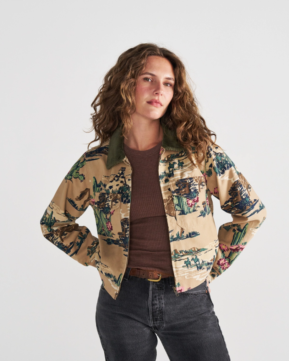 Front view of Women's Western Mechanic's Jacket - Tan on model