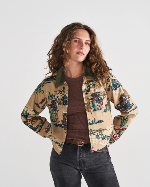 Front view of Women's Western Mechanic's Jacket - Tan on model