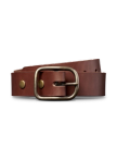 Brown leather belt with a rectangular metal buckle, featuring brass rivets on the strap.