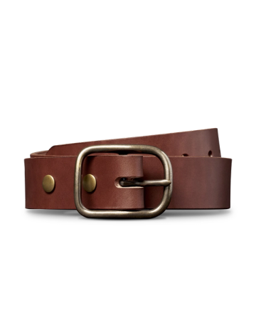 Brown leather belt with a rectangular metal buckle, featuring brass rivets on the strap.