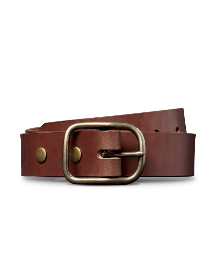 Brown leather belt with a rectangular metal buckle, featuring brass rivets on the strap.