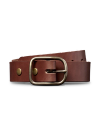 Brown leather belt with a rectangular metal buckle, featuring brass rivets on the strap.