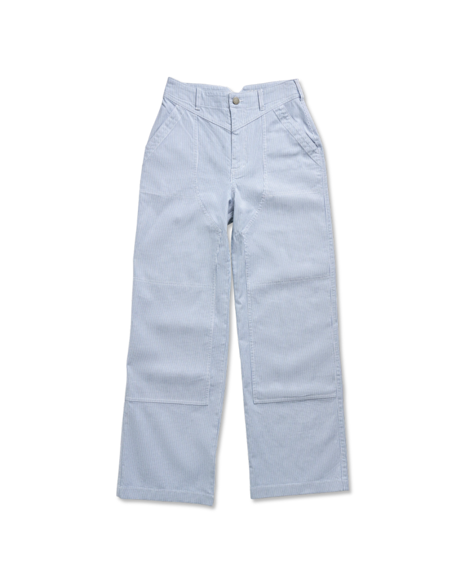 Front view of Women's Carpenter Pant - Blue / White Cotton on plain background