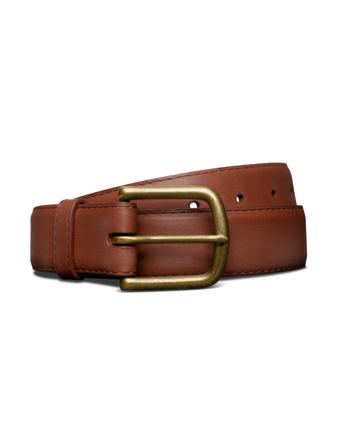 Front view of Men's Calfskin Belt II - Bourbon on plain background