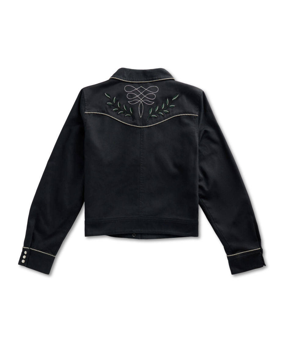 Back view of Women's Embroidered Dolly Jacket - Black on plain background