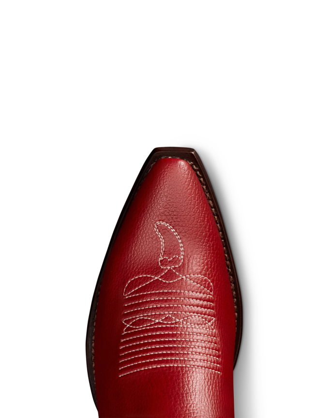 Toe view of The Booth Boot - Chili's Booth Red Vinyl on plain background