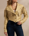 Closeup detail view of Women's Western Leather Fringe Jacket - Lt Tan