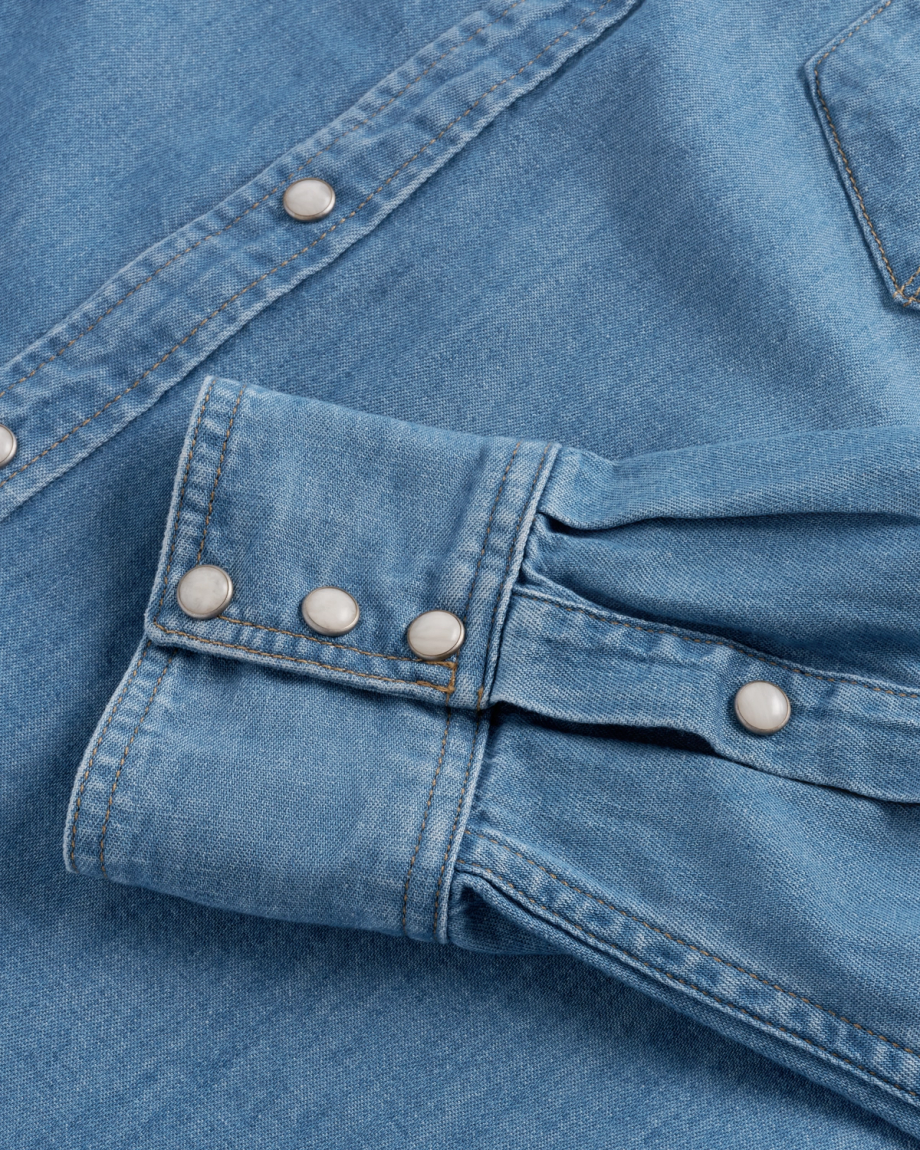 Closeup detail view of Men's Denim Pearl Snap LS - Turquoise / Multi