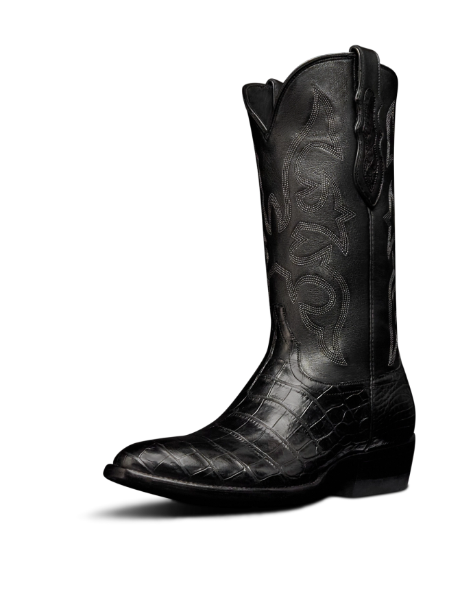 Quarterfront view of The Stallion x Tecovas Boot - Midnight Giant Gator on plain background