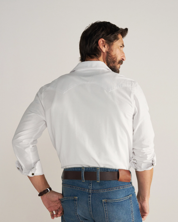 Closeup detail view of Men's Vintage Weight Pearl Snap LS - White
