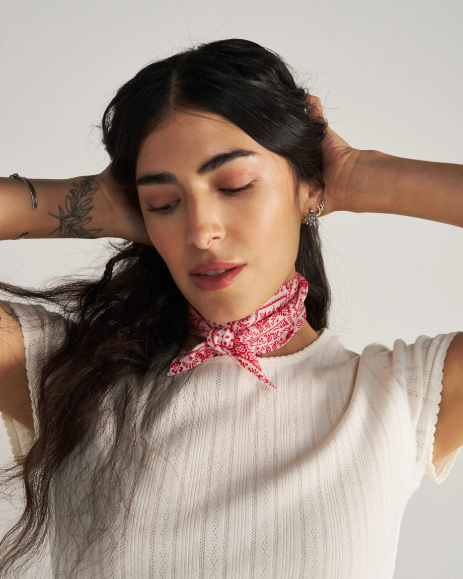 View of Bandana Ribbon Scarf - Red / Cream