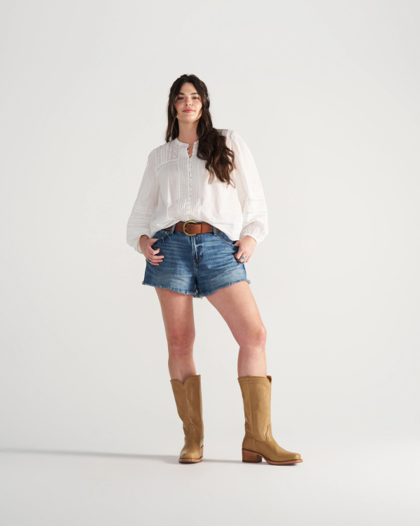 Full view of The Charlie Wide Calf - Camel Cowhide on model
