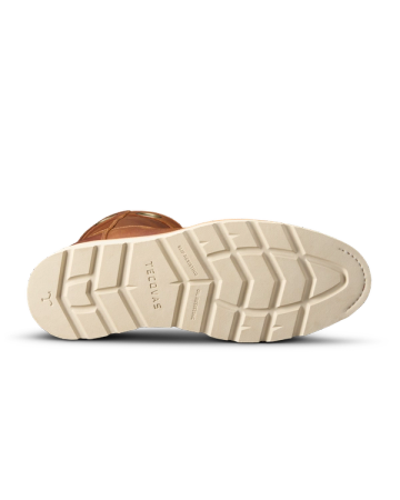 Sole of a brown shoe with a white tread pattern, featuring the brand name "TECOVAS" embossed at the center.