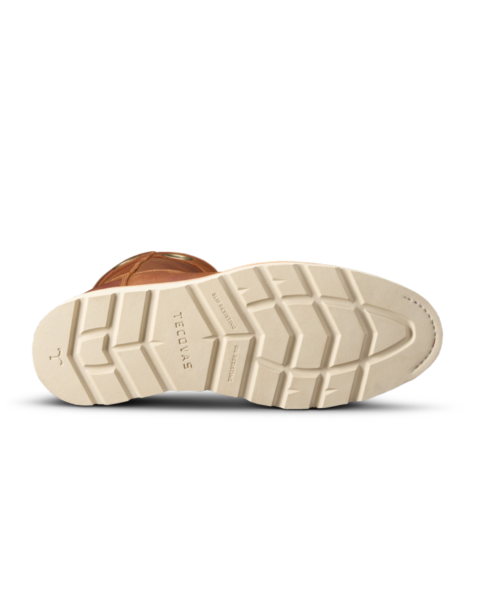 Sole of a brown shoe with a white tread pattern, featuring the brand name "TECOLAS" embossed at the center.