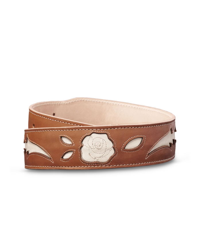 Back view of Women's Rose Inlay Belt - Caramel / Bone on plain background