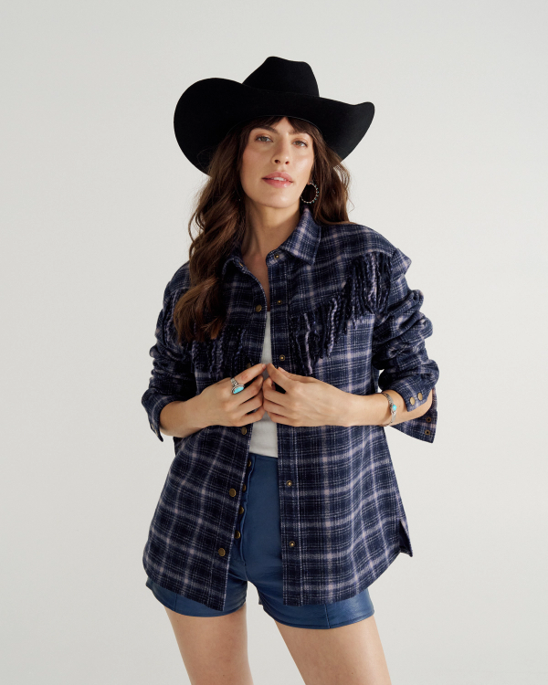 Closeup detail view of Women's Plaid Fringe Shacket - Navy / Mauve