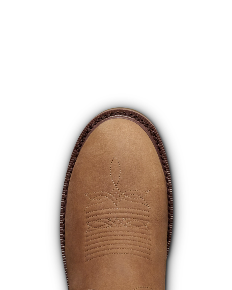 Toe view of The LH WP Round Comp Toe Work Boot - Tan / Cafe Cowhide on plain background