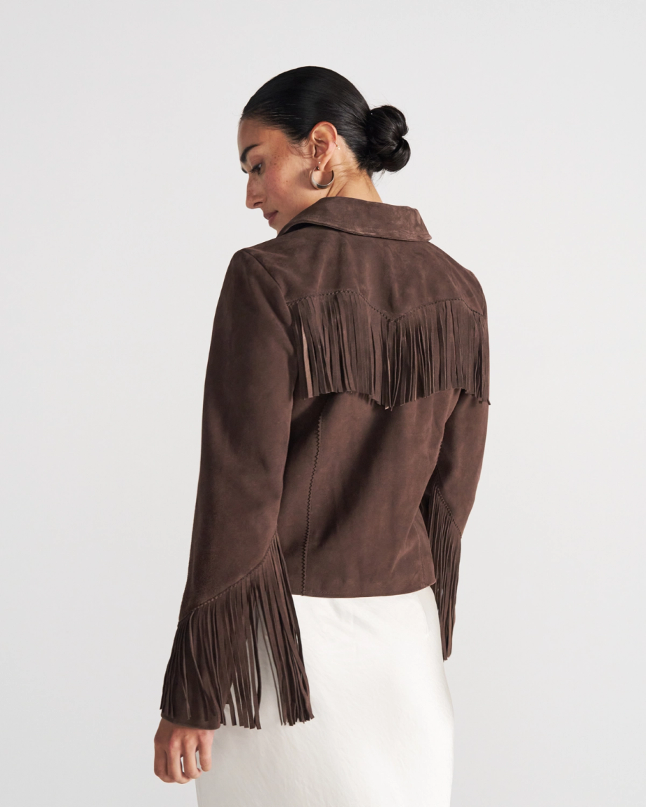 Closeup detail view of Women's Suede Fringe Jacket - Chocolate Brown