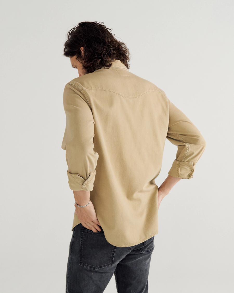 Men's Denim Long Sleeve Pearl Snap Shirt - Tan | Tecovas