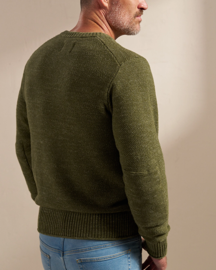 Back view of Men's Henley Sweater - Olive Heather on model