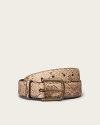 A tan snakeskin-patterned belt with a gold buckle is coiled on a plain light background.
