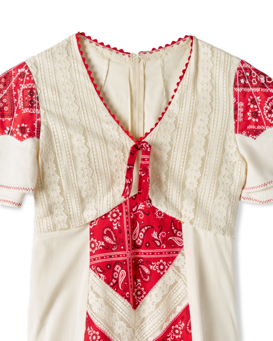 Closeup detail view of Tecovas x Cathy Hahn Vintage Bandana Patchwork Dress - Ivory / Crimson