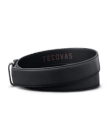 A black leather belt with brown stitching, branded with "Tecovas" on the inner side.