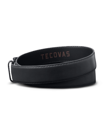 A black leather belt with brown stitching, branded with "Tecovas" on the inner side.