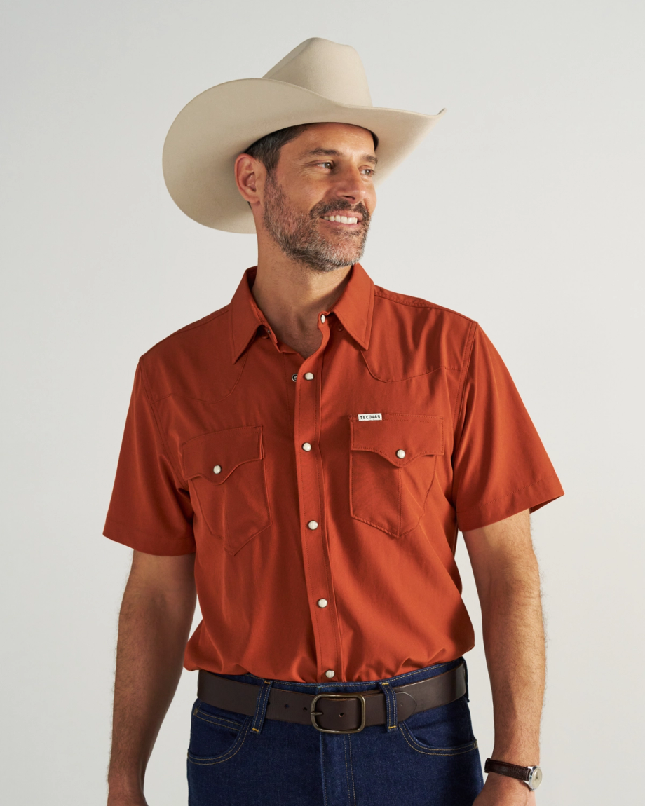 Closeup detail view of Men's Performance Western Pearl Snap SS - Orange Rust