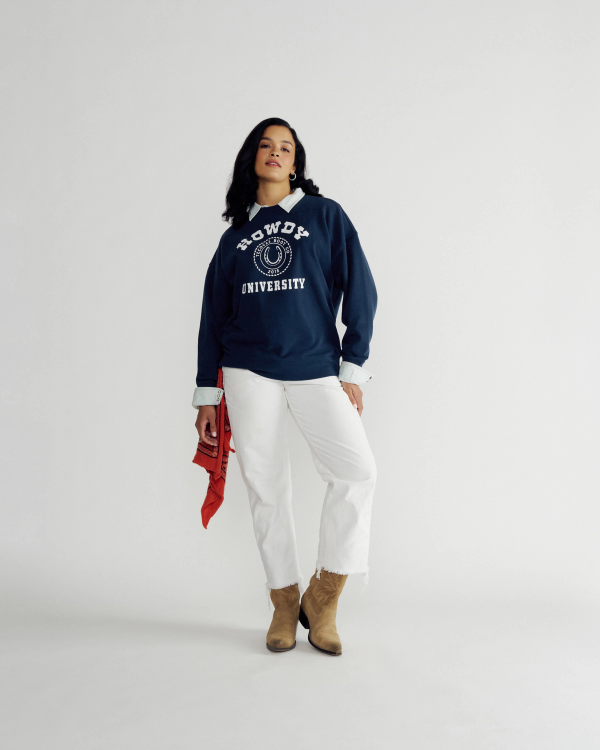 Full view of Women's Oversized Sweatshirt - Navy on model
