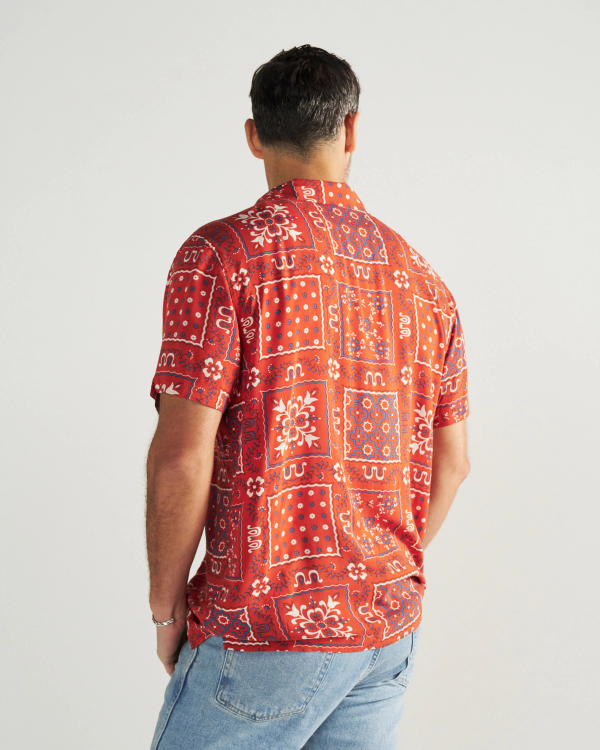 Back view of Men's Lakeside Camp Shirt - Terracotta/Multi on model