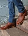 close up of Dean Scotch Brown cowboy boots on a man's feet 