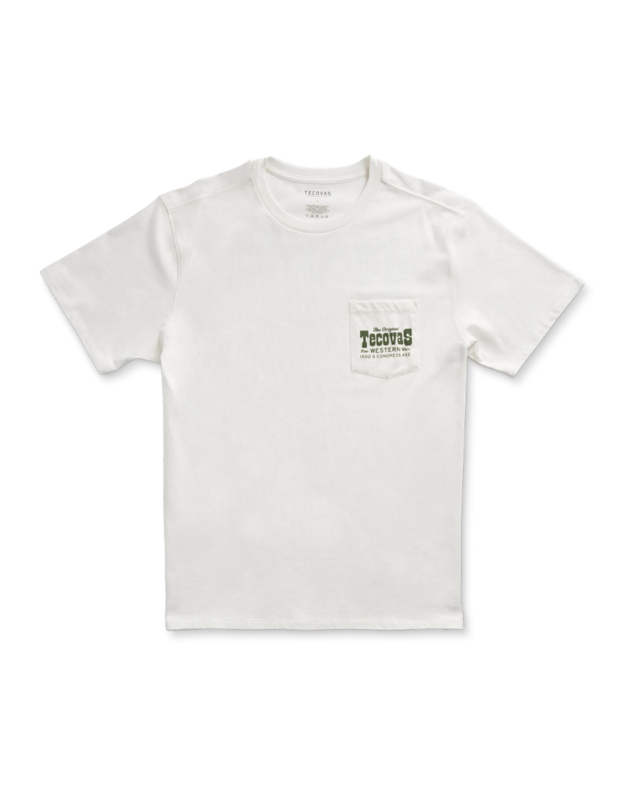 Closeup detail view of Men's Original Western Pocket Tee - Bone / Green