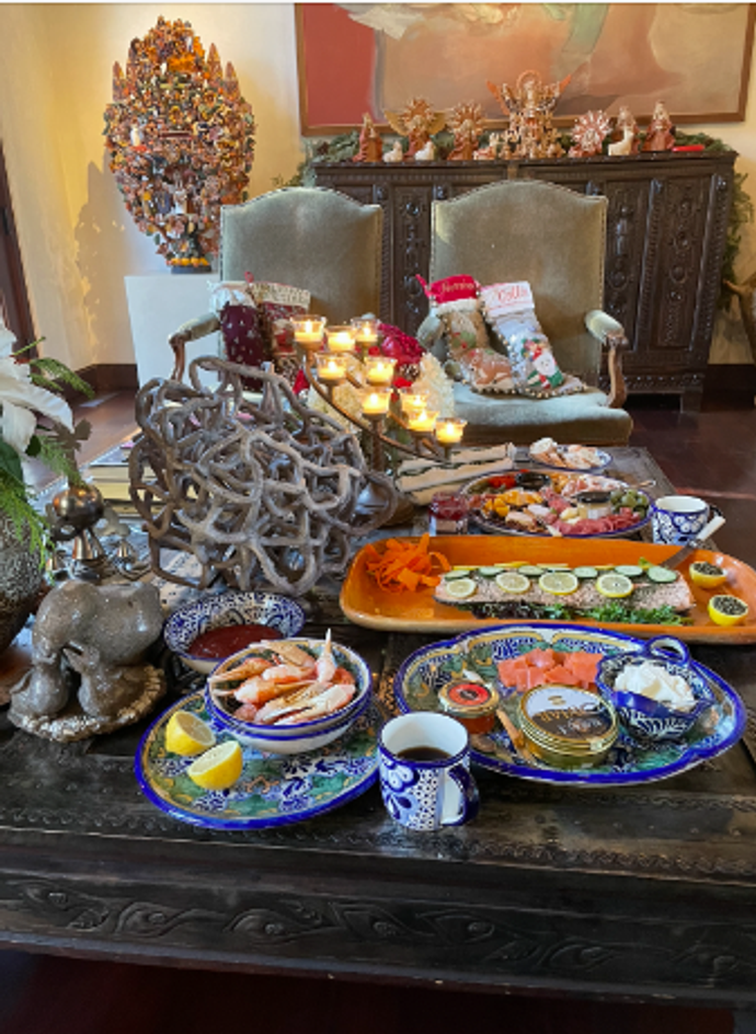 Seafood platter sitting on a dining room table