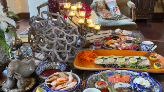 Seafood platter sitting on a dining room table