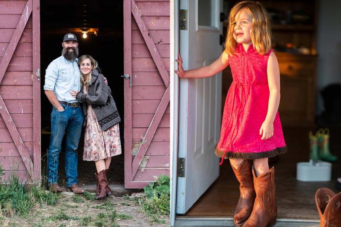 a child in cowboy boots and a couple