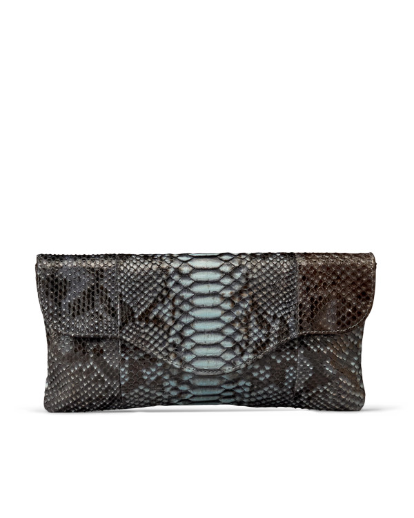 Envelope-style clutch bag in a dark, multi-tonal snakeskin pattern.