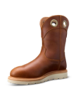 Brown leather slip-on work boot with a light-colored sole, featuring two pull holes at the top.