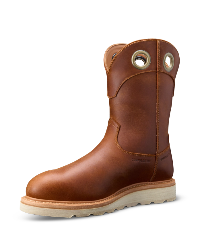 Brown leather slip-on work boot with a light-colored sole, featuring two pull holes at the top.