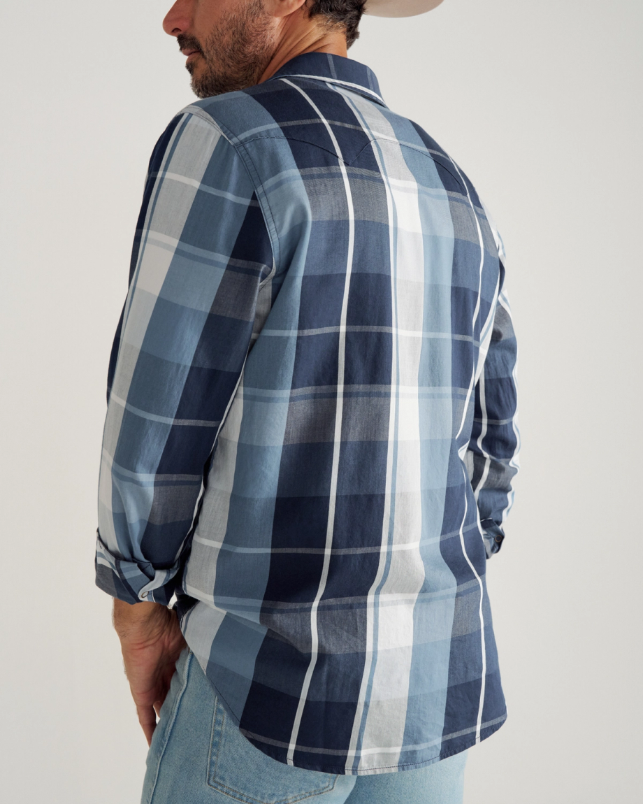 A man wearing a blue and white plaid long-sleeve shirt and light blue jeans is shown from the back.
