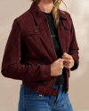 Front view of Women's Goat Suede Brush Jacket - Burgundy on model